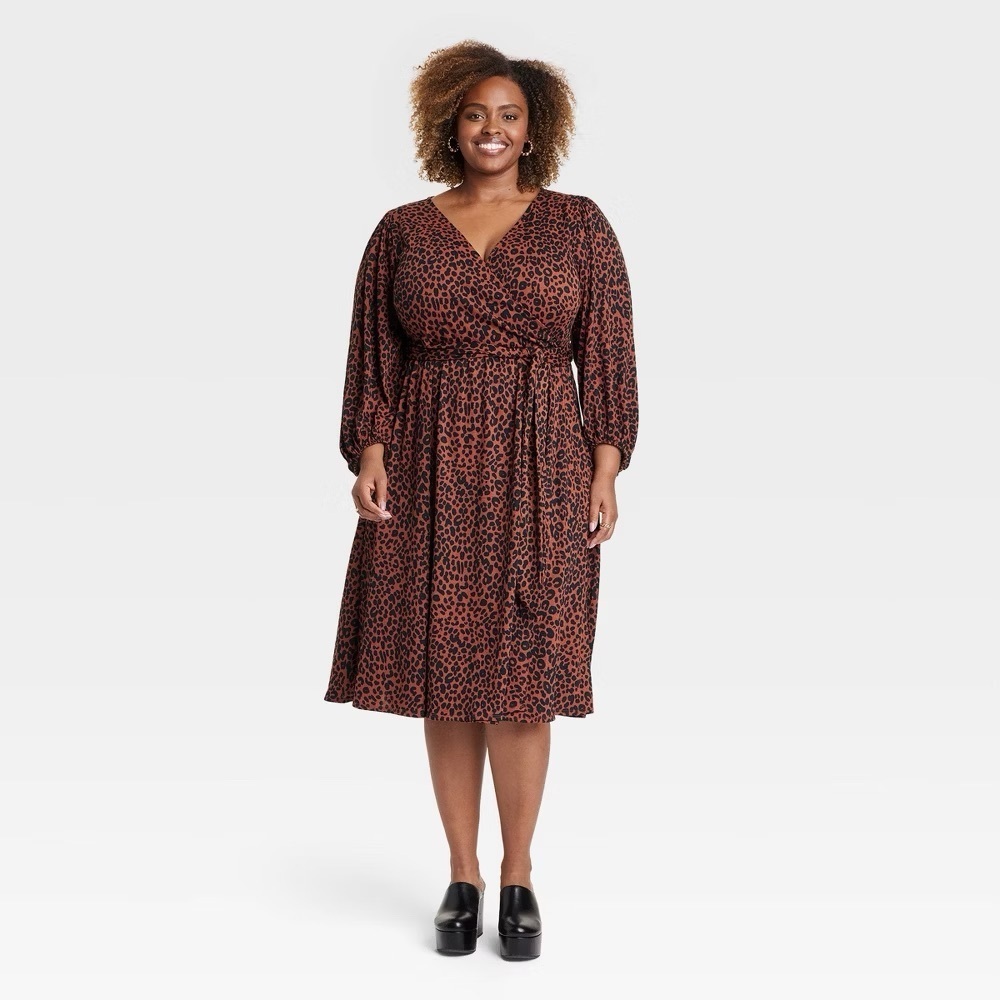 Ava & Viv Leopard Print Wrap Dress Midi Long Sleeve 4X NWT